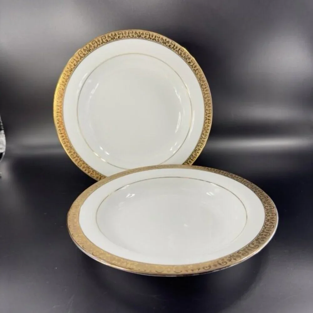 Royal Gallery‎ Gold Deep Dish Plates Macy 1991 Porcelain Made In Sri Lanka Set 2